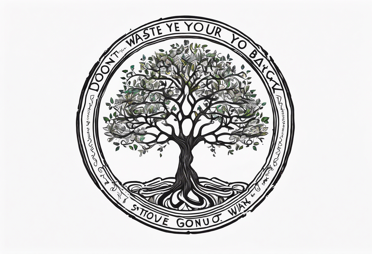 Tree of life sourounded with the text of "dont waste your time back you're not going that way" tattoo idea