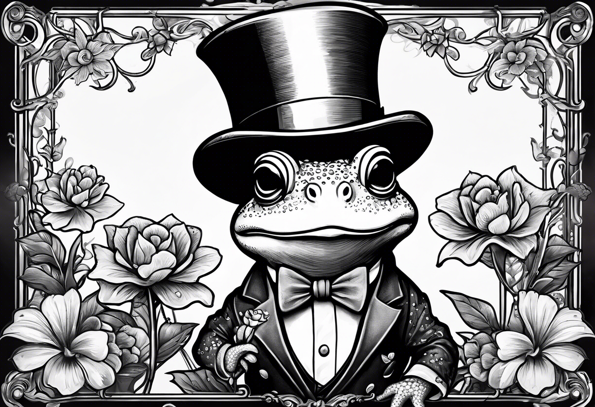 Cute toad standing on back legs  in a top hat and a formal suit holding flowers to go on a date tattoo idea