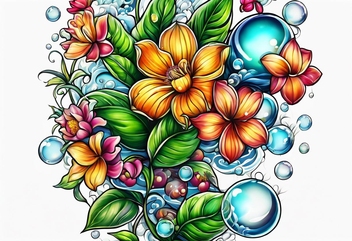 Bubbles organic plants and flowers tattoo idea