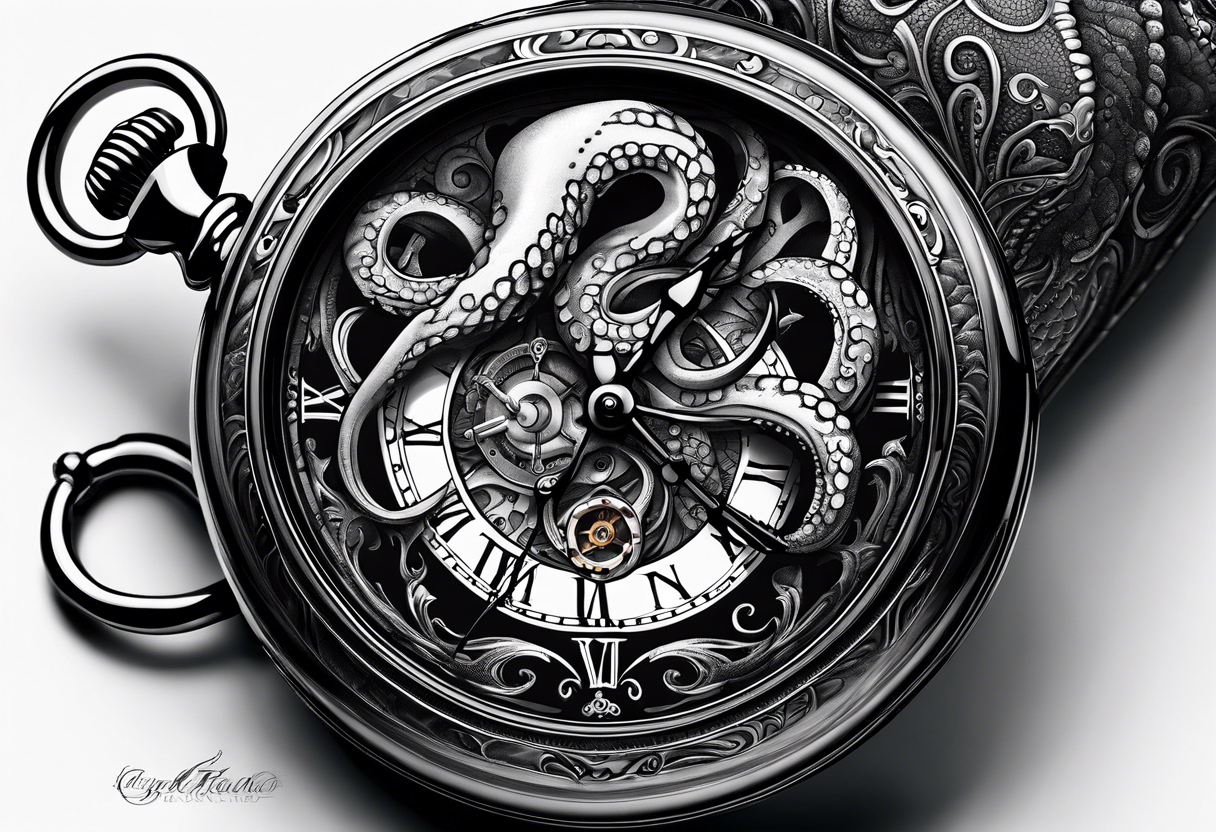pocket watch wrapped under an aggressive octopus, side perspective tattoo idea
