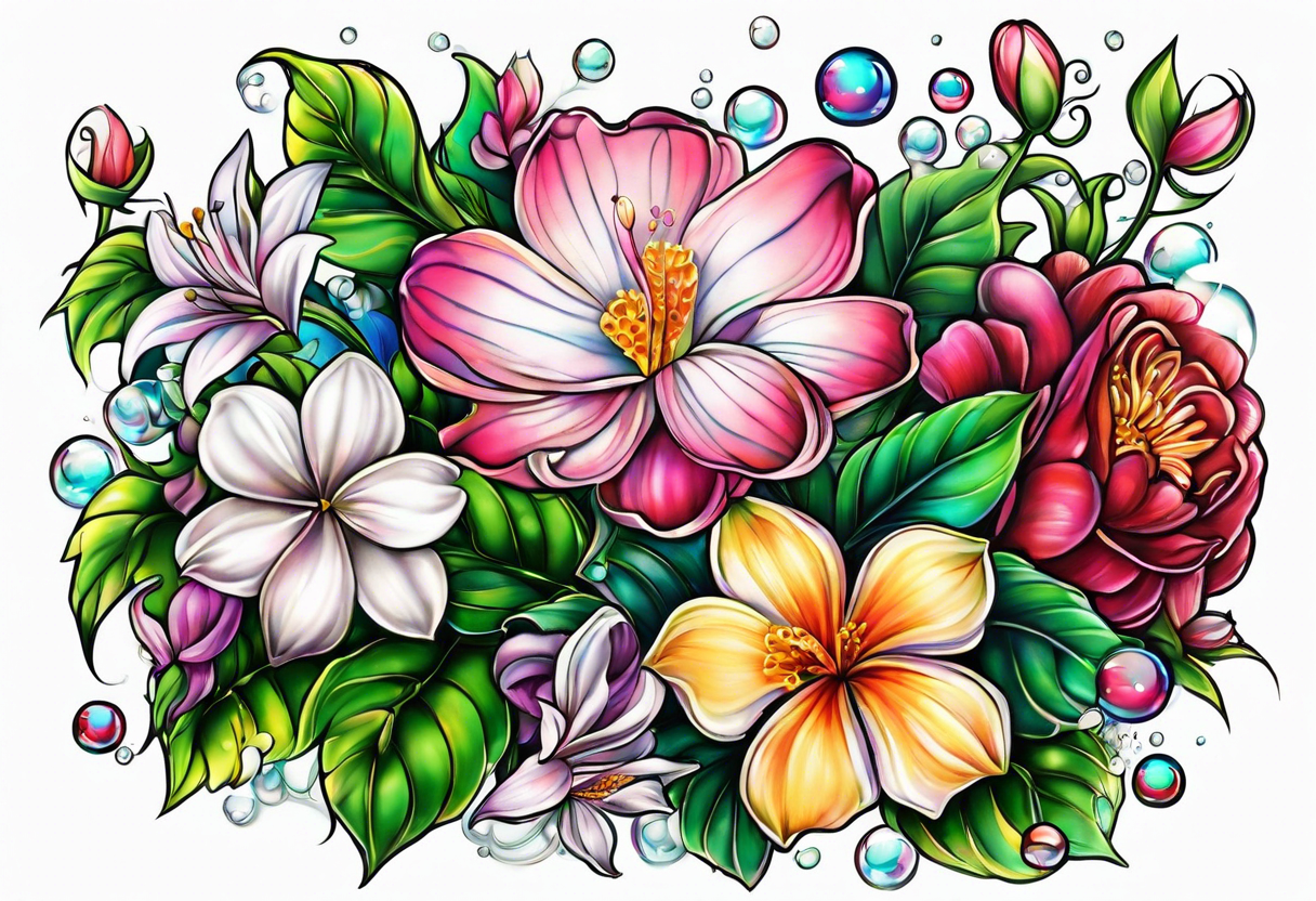 Bubbles organic plants and flowers tattoo idea