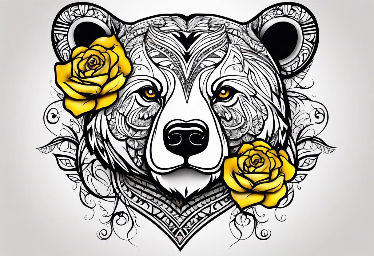 A tribal bear outline above the butterfly and yellow rose tattoo idea