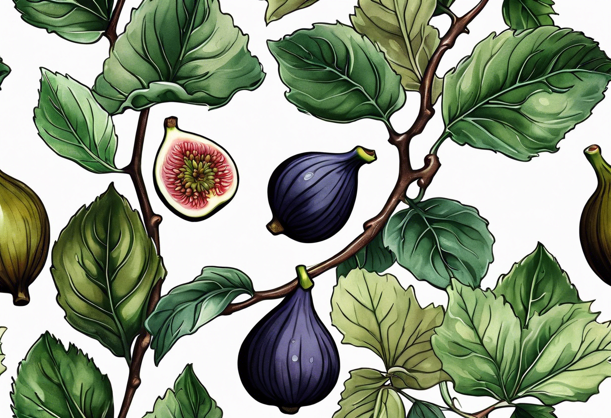 A fig branch with 3 greenish-brown fruits and multiple fig leaves tattoo idea