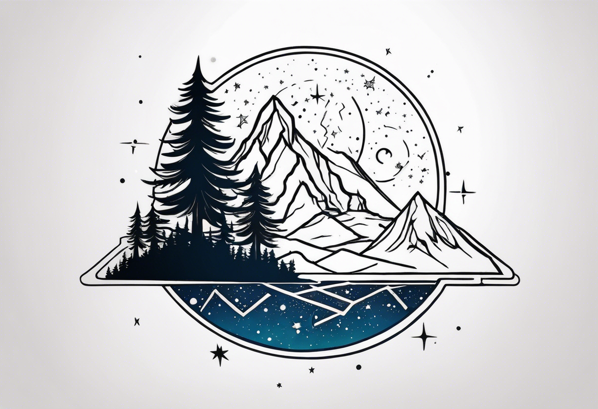 A mountain in the background, with a pine tree in front of the constellation of Aquarius tattoo idea