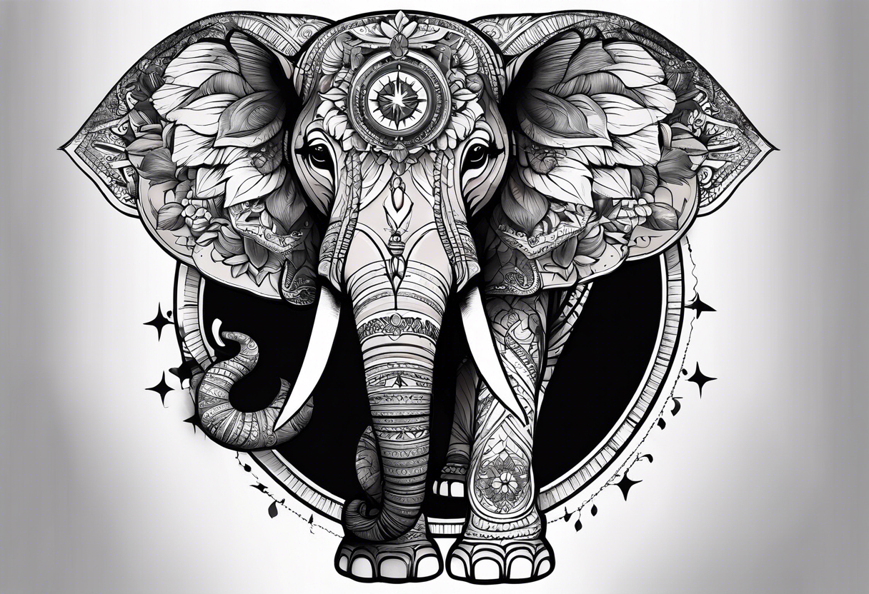 Feminine compass with an elephant incorporated into the design tattoo idea