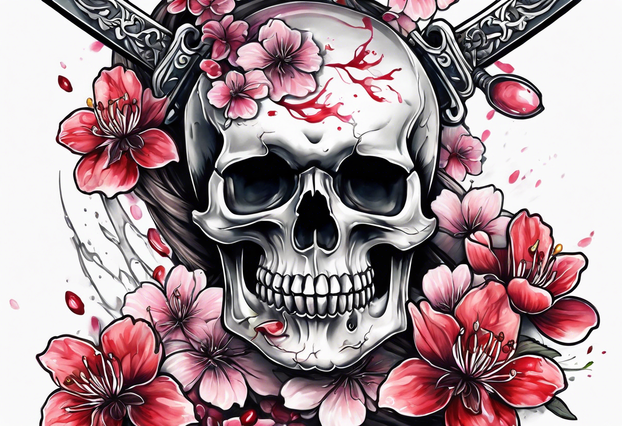 Bloody sword in a skull cherry blossom growing tattoo idea