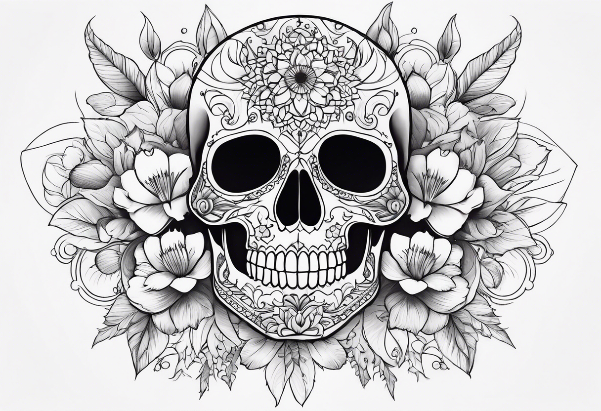 Draw me a realistic skull with black cigarette smoke out of his mouth add some flowers underneath with some mandalas at the bottom tattoo idea