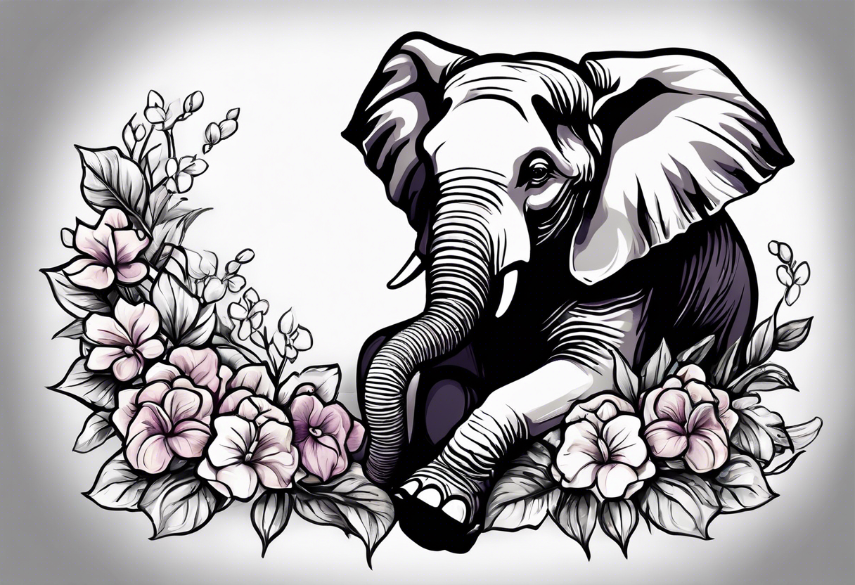 Seated elephant with raised trunk holding lilacs tattoo idea