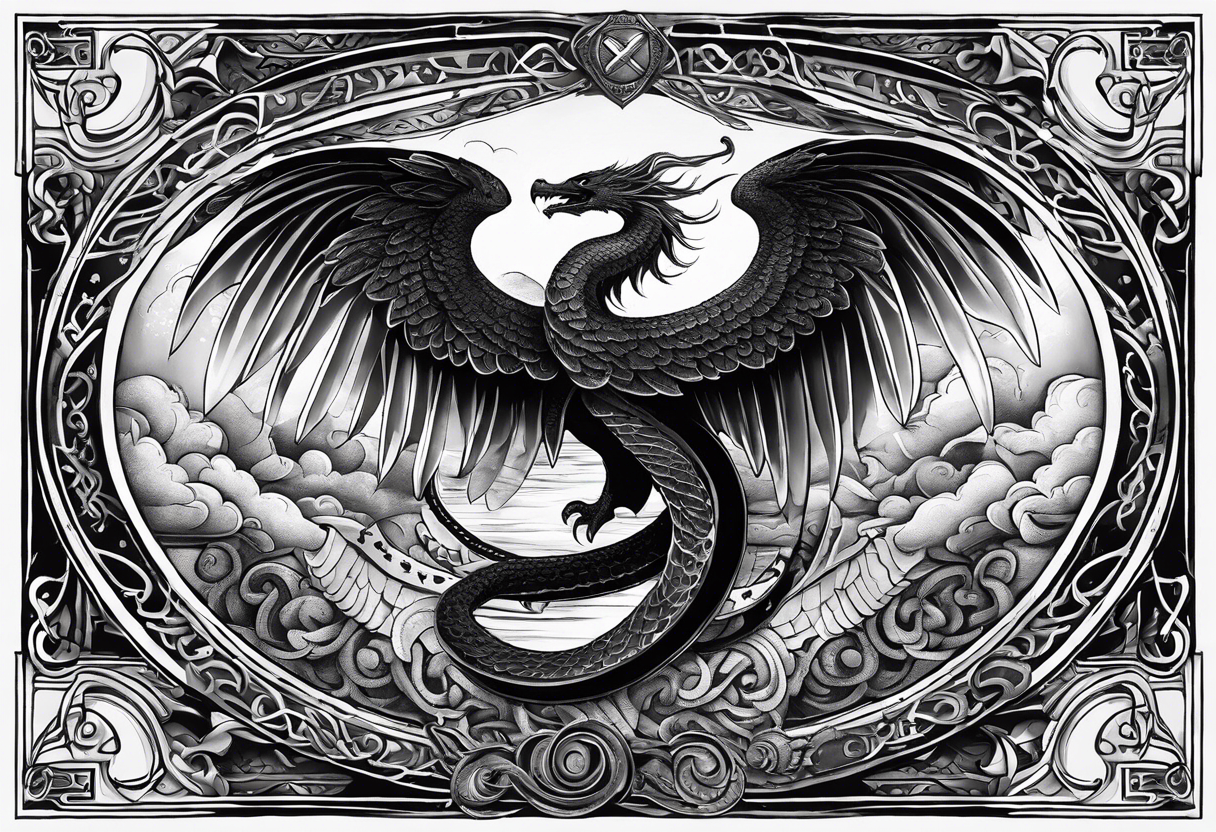 make the theme: Spiritual guardianship and divine authority. 
A majestic, winged serpent coiled around a shield and sword, with the verse inscription woven into the design. tattoo idea