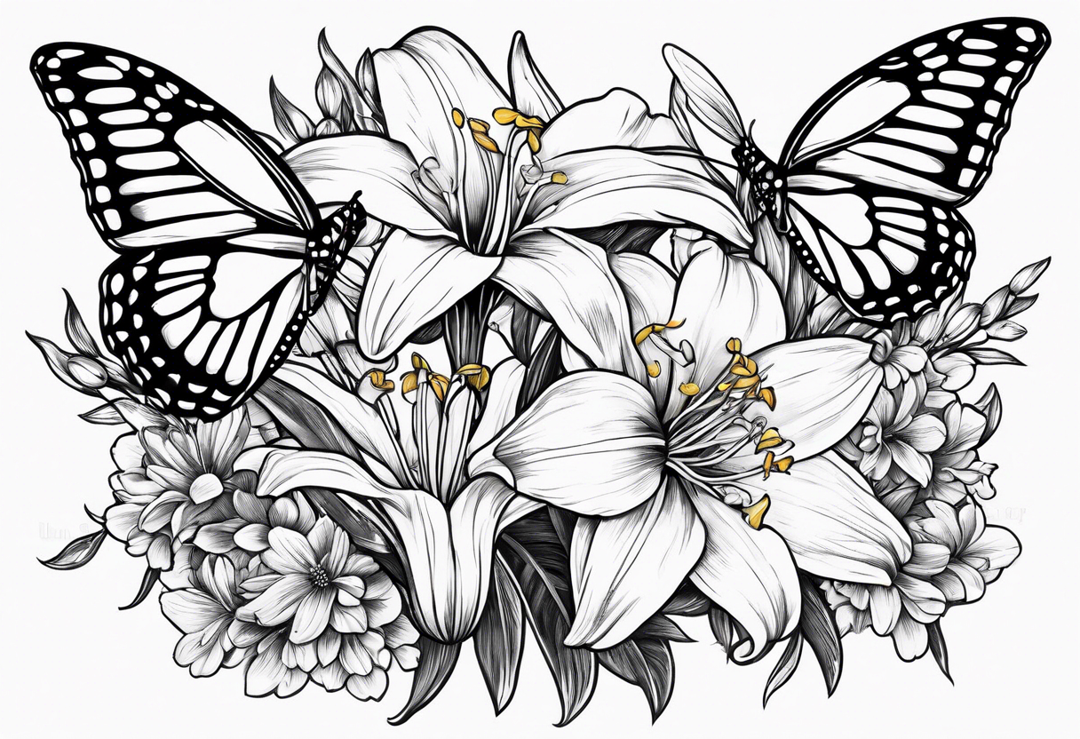 Wild flower of lily daisy and daffodil bouquet with butterfly 6-8 inches bi tattoo idea