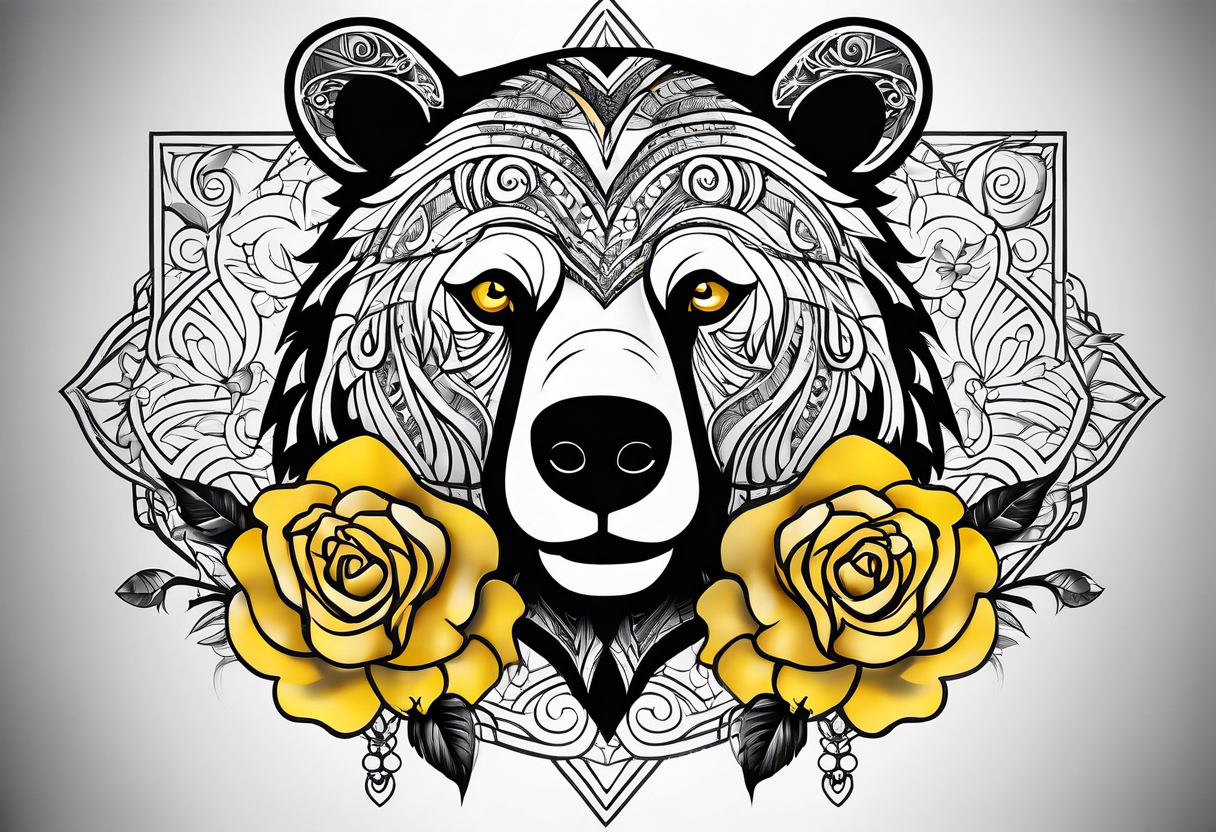 A tribal bear outline above the butterfly and yellow rose tattoo idea