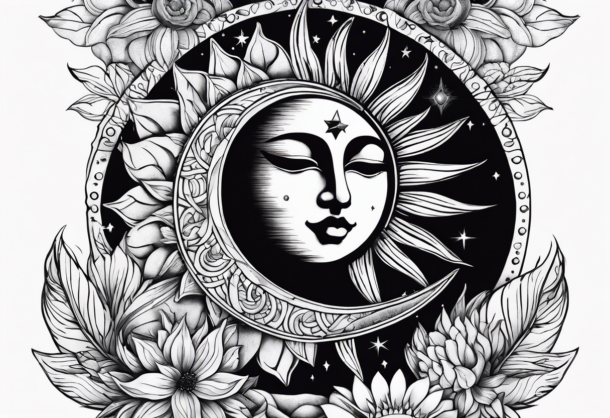 Floral sun and moon astronomy tattoo idea