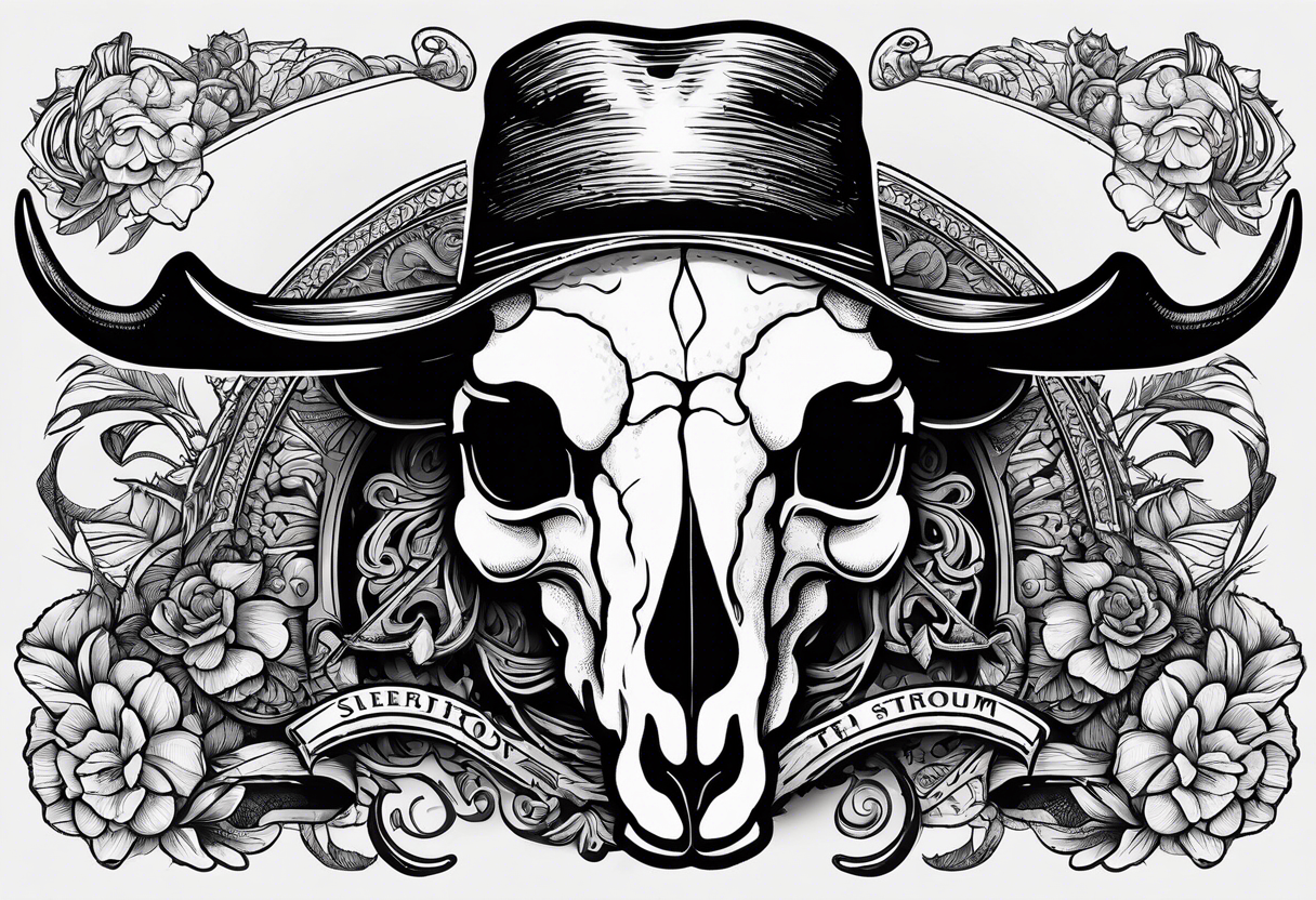 A sheep skull with cowboy hat hanging off the end of one of the horns and the words sleep through the storm tattoo idea