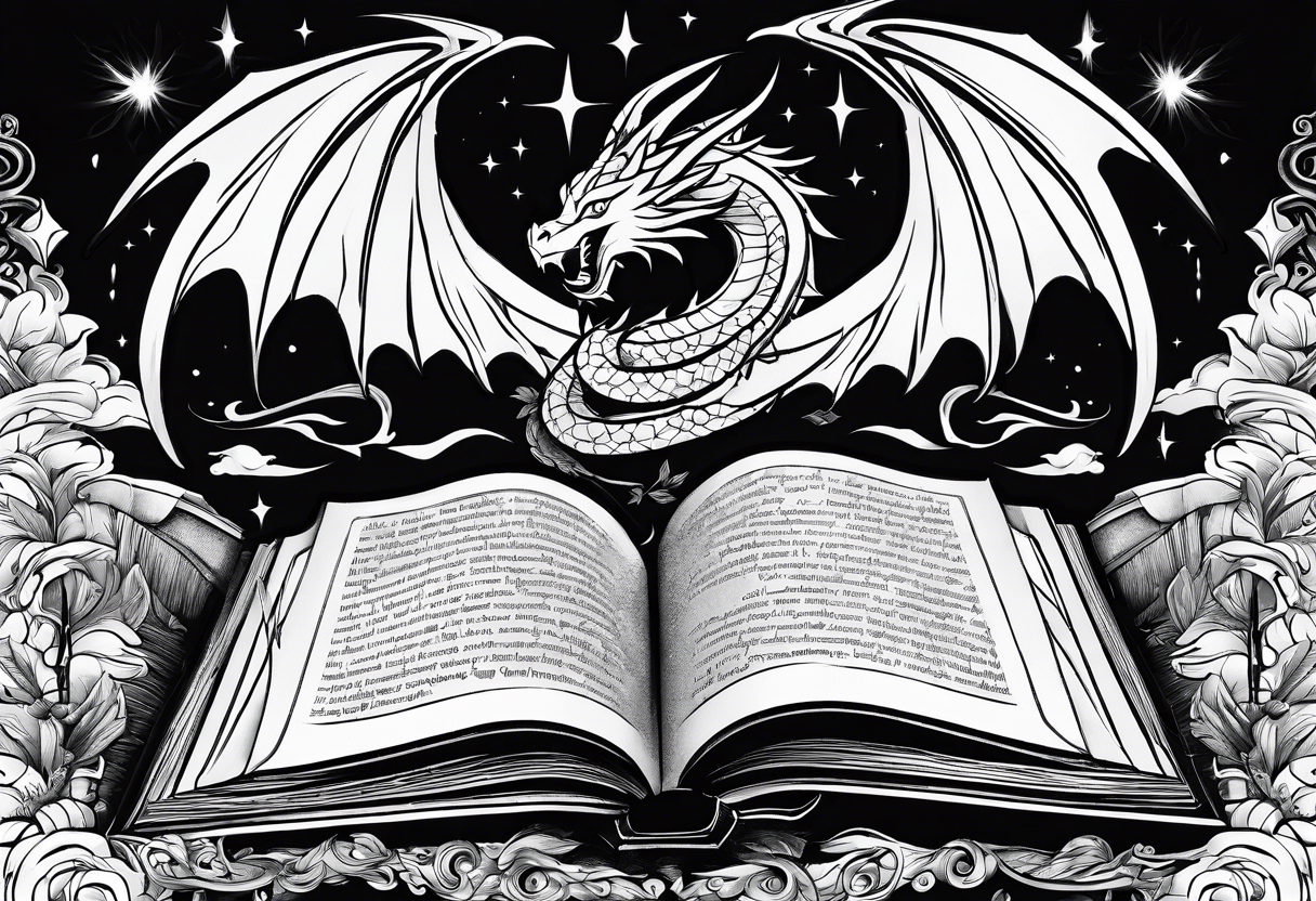 an empty open book with a sword through it, dragonwings and sparks surrounding the book. tattoo idea