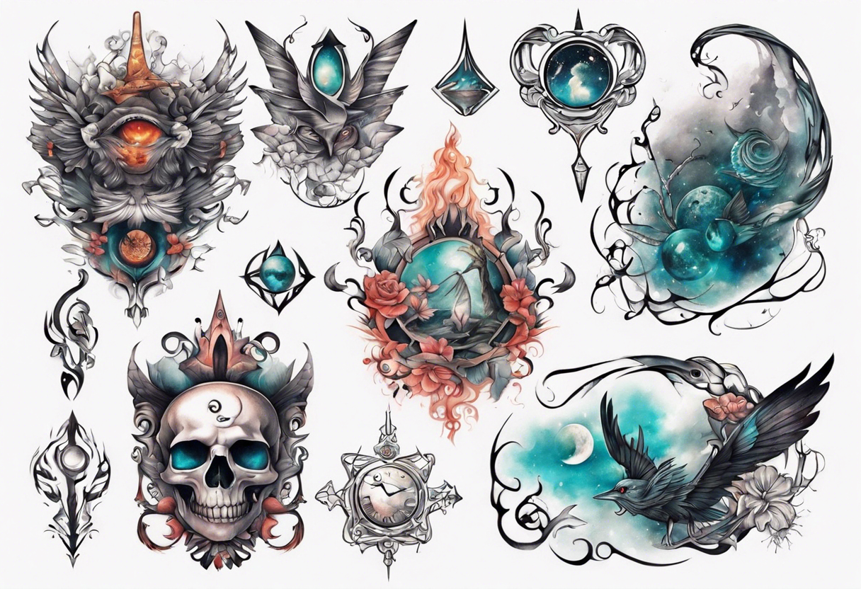 Design a surreal or dreamlike tattoo to cover my chest. Include elements that evoke a sense of fantasy and imagination, creating a captivating and otherworldly design. tattoo idea