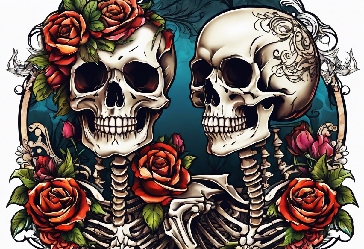 Wedding of two skeletons, the alter in the open mouth of a skull tattoo idea