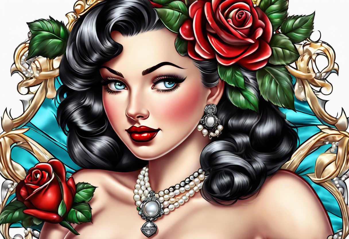 Pearl necklace wrapped around 1950s pinup pumps with roses surrounding tattoo idea