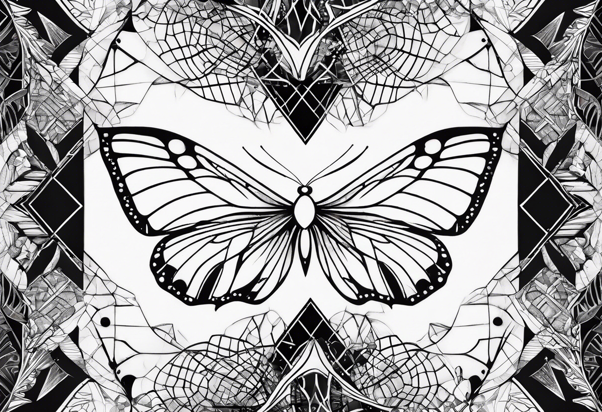 Thin Minimalistic butterfly on the background of indra’s diamond network tattoo idea