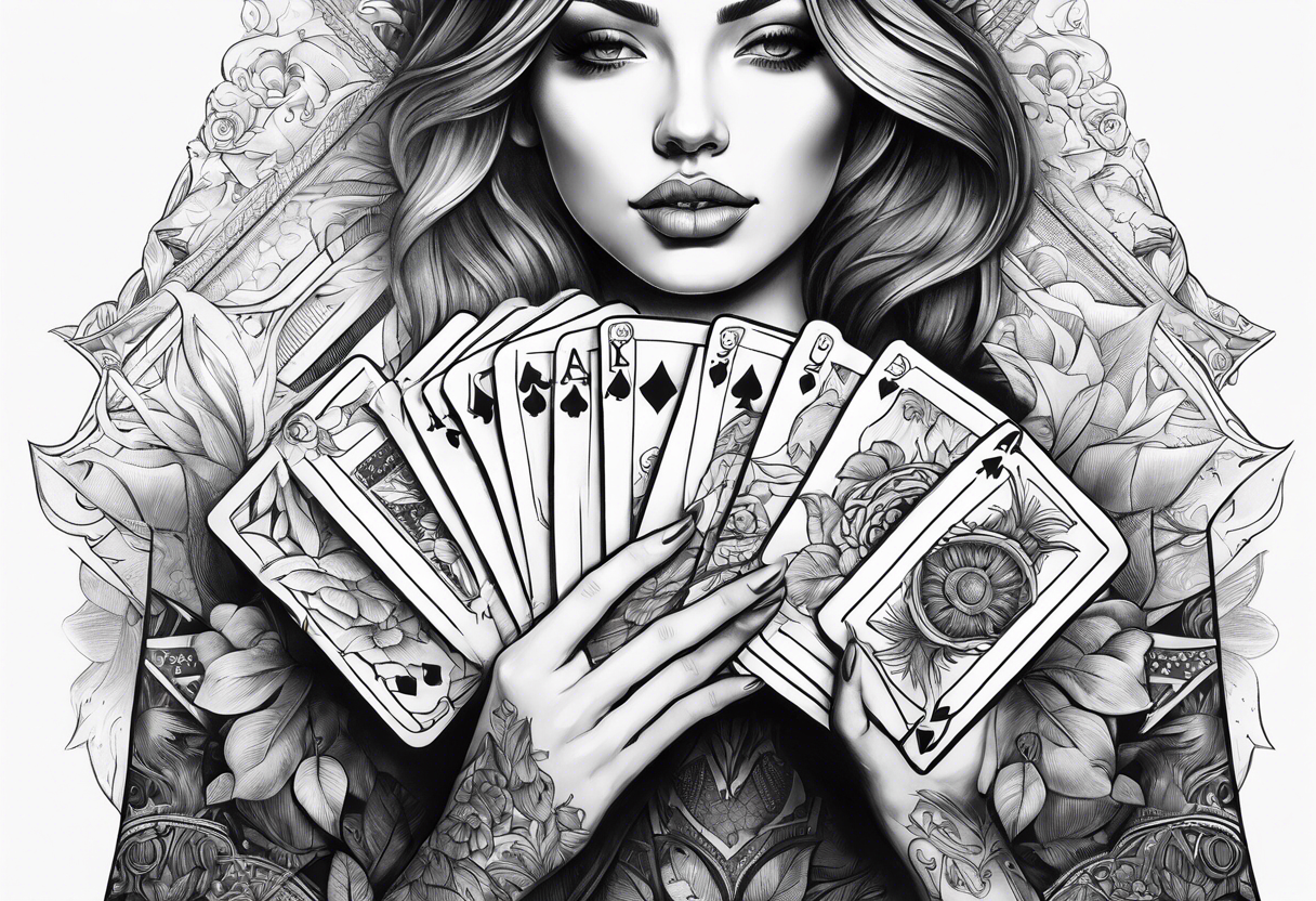 raised woman hand holding cards tattoo idea