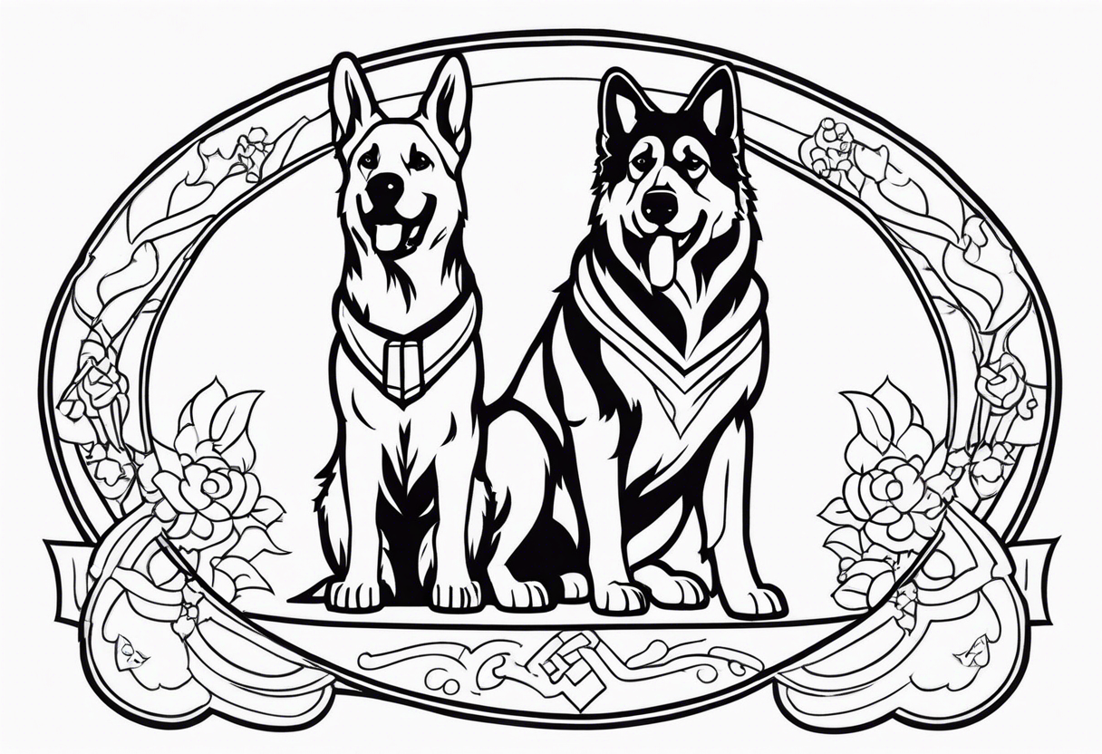 a golden retriever and a german shepherd both in jujitsu gis including belt tattoo idea