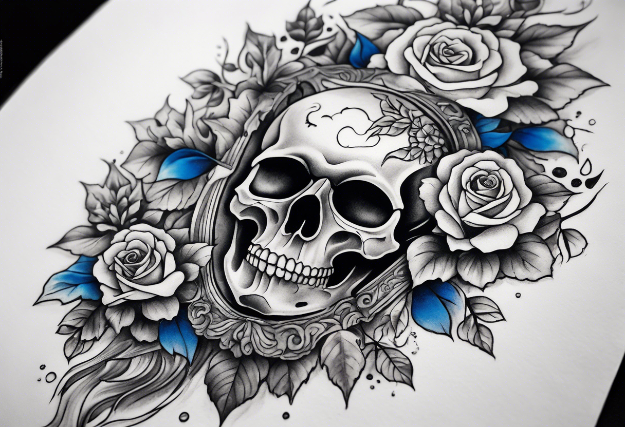 Front knee tattoo with fall colors, small flowers, rose, satanic skull, leaves, blue water flows with washes and background, Powell Peralta logo tattoo idea