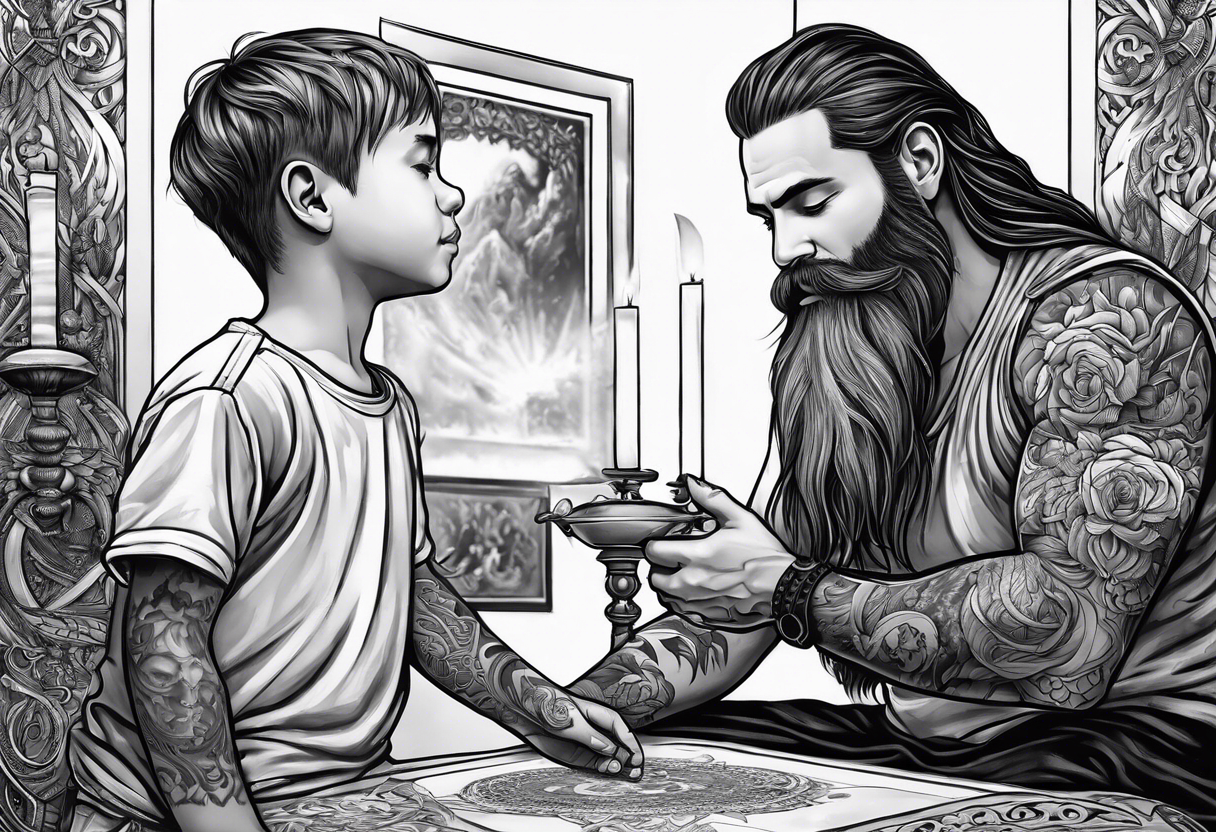 mindful father with long hair and a beard performing transition ritual with young boy tattoo idea