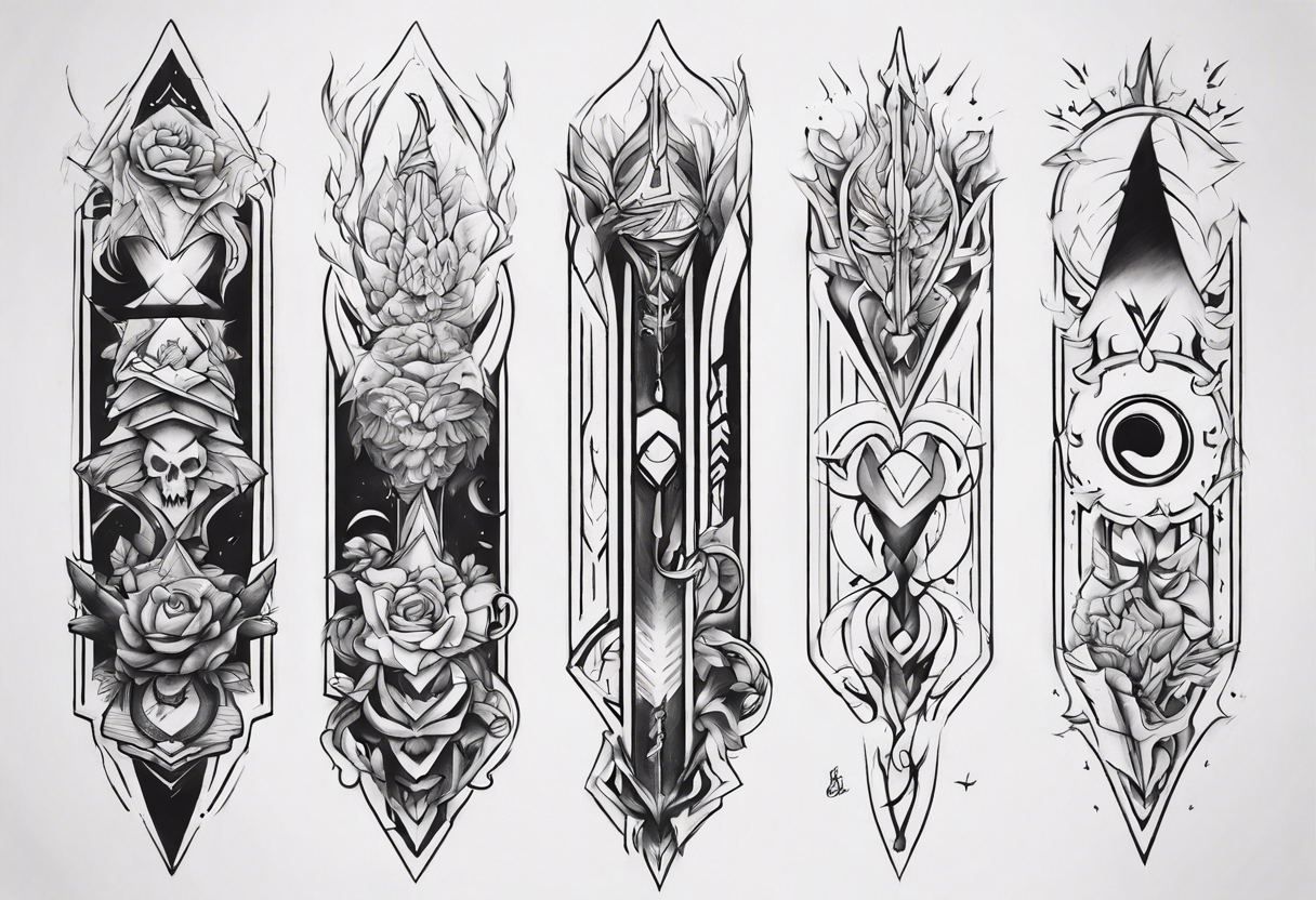 Design a vertical tattoo where shapes and lines represent various stages of my life, reflecting the evolution of my character and perception. Ensure it suits the placement on the back of the forearm tattoo idea