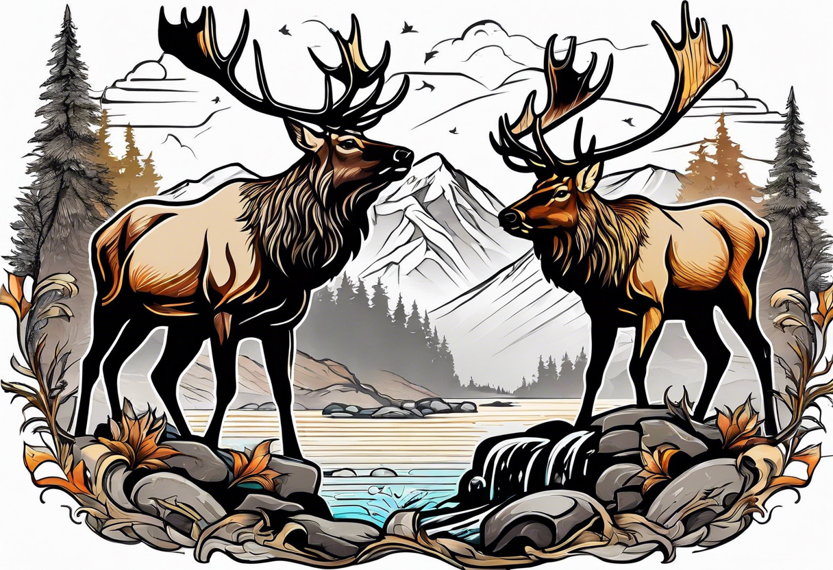 two elk fighting with mountains and stream in background tattoo idea