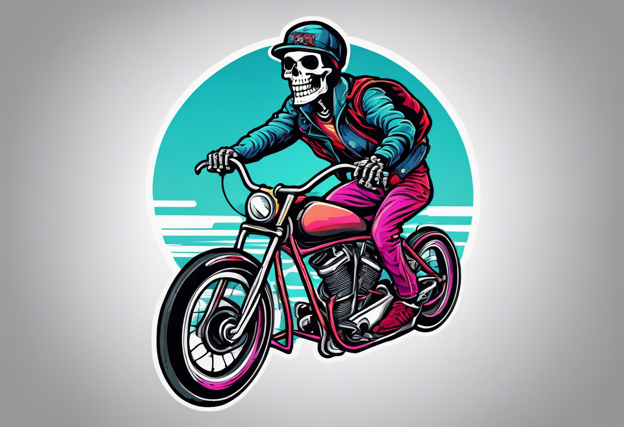 skeleton wearing 80s style licra and cap rides a racing bicycle. The skeleton is grinning at the viewer. There is no background image tattoo idea