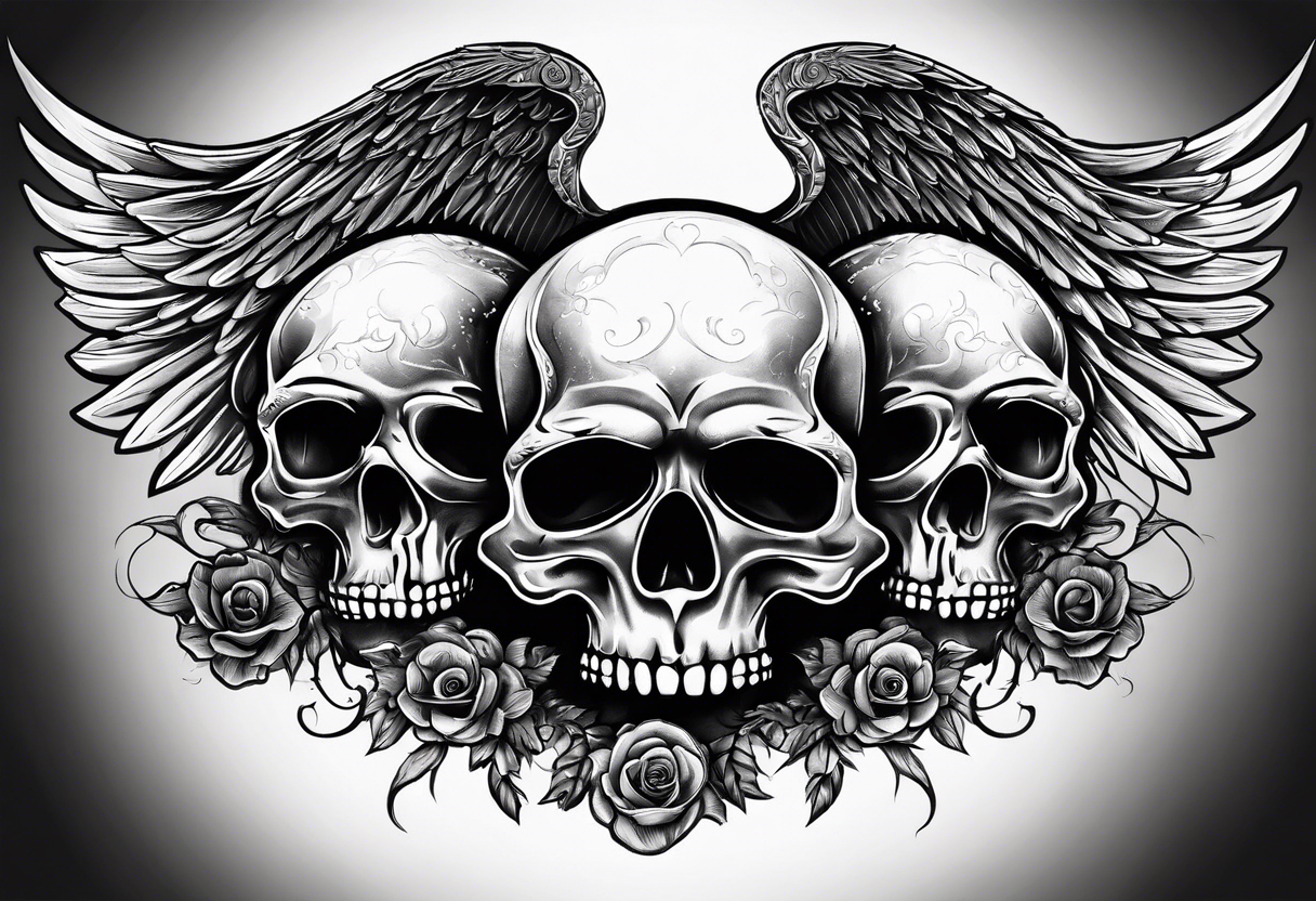 See no evil hear no evil speak no evil  skulls go down the back with angel wings wrapped around the skulls tattoo idea