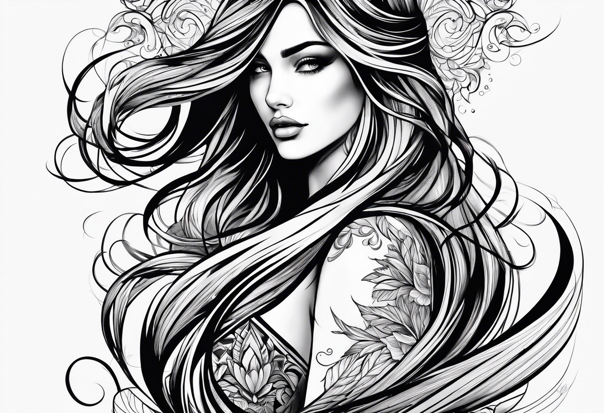 long hair flowing from shoulder to elbow tattoo idea