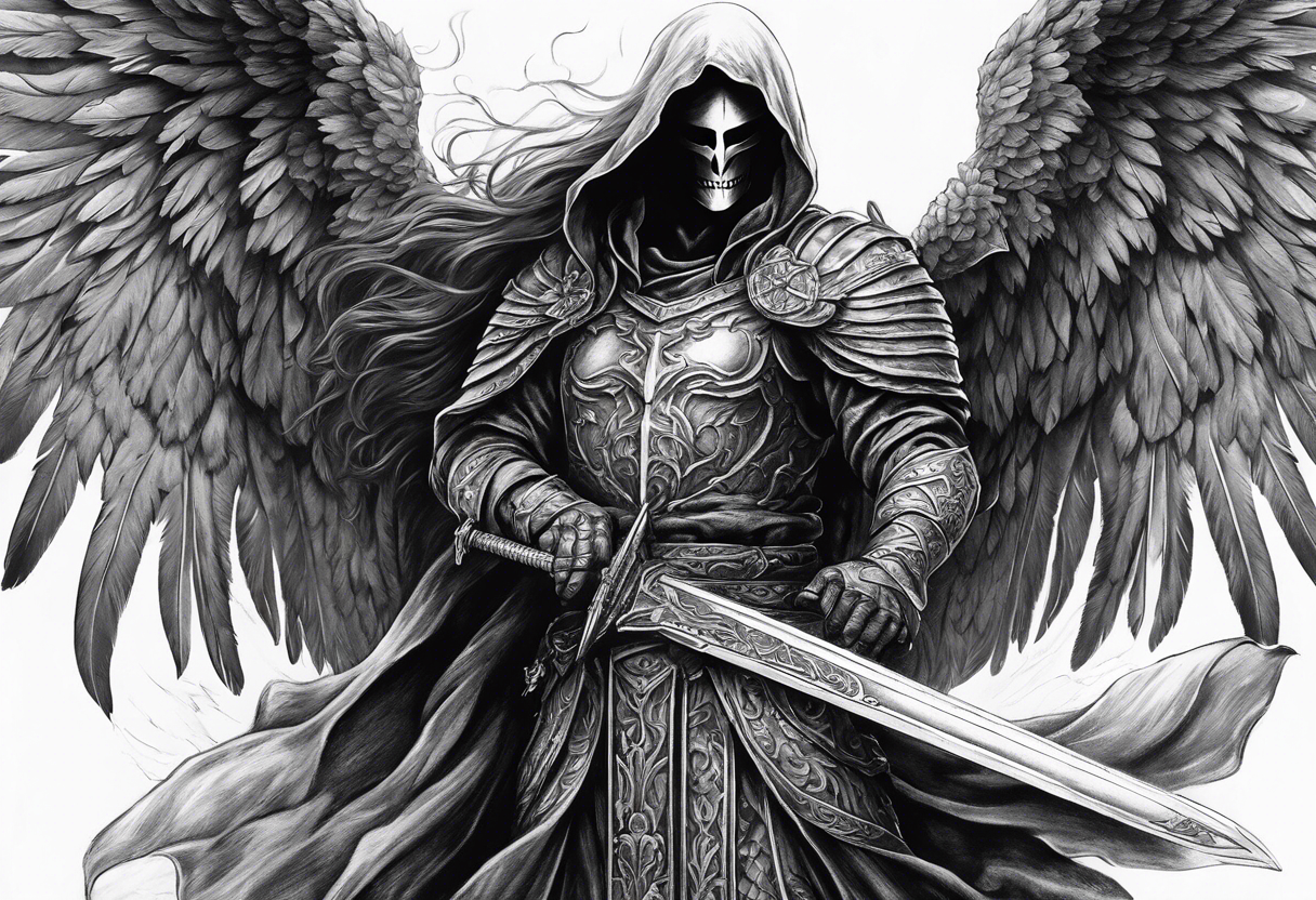 realistic angel of death, man, full body, no face visible, holding one sword, sword vertically pointing downwards tattoo idea