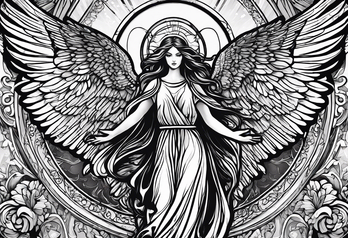 Depict a guardian angel and its malevolent shadow, emphasizing the internal conflict between the desire to do good and the temptation to give in to darker impulses. tattoo idea