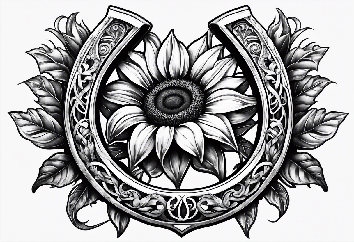 Realistic Horseshoe around a sunflower tattoo idea