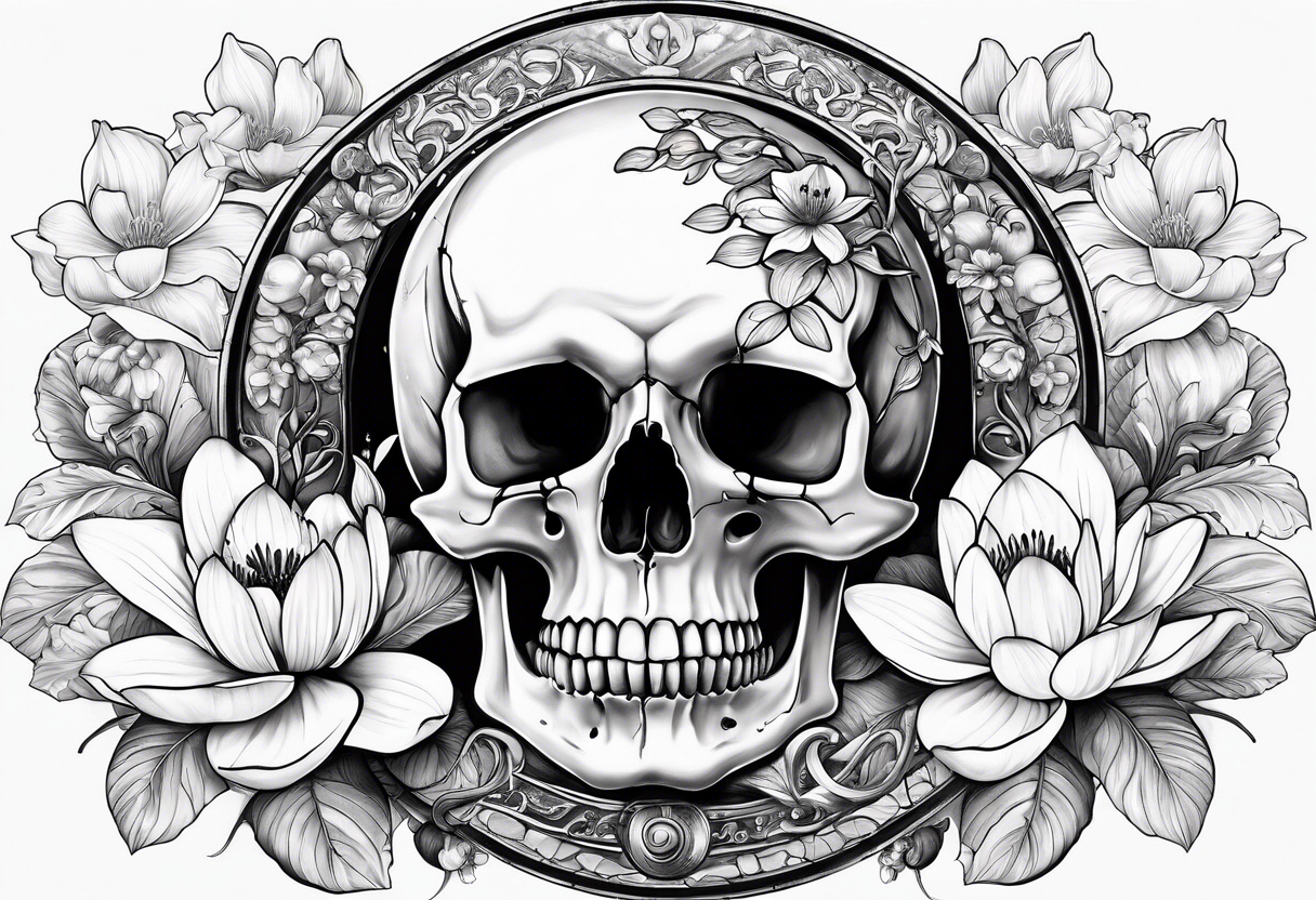 human skull, deer skull, water lily, cherry blossoms with roller coaster track and lily of the valley for fill tattoo idea