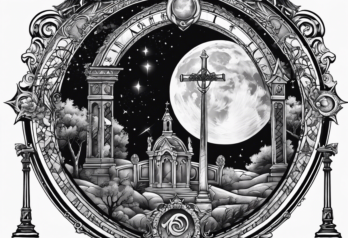 graveyard with moon and sundial tattoo idea