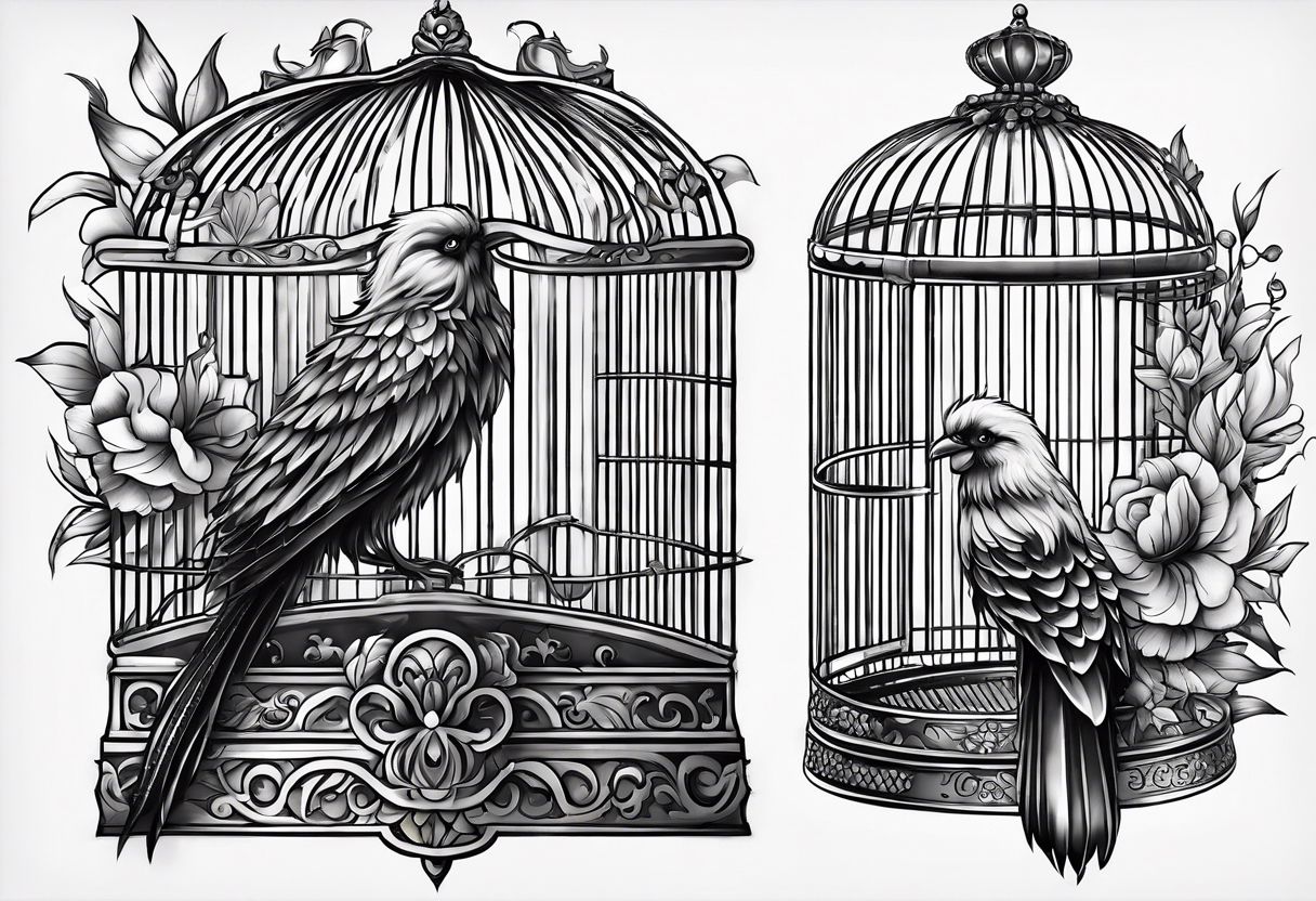 neo traditional decoration only on the left side, on the top of a long bird cage with a too big bird in it. tattoo idea