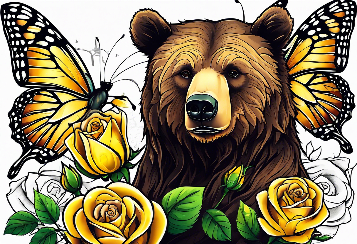 Bear under the tree of life with yellow roses and three butterflies for an upper arm tattoo. tattoo idea