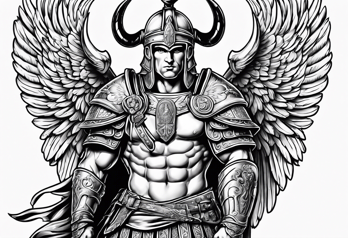 Roman soldier figure, ram's horns, guardian angel tattoo idea