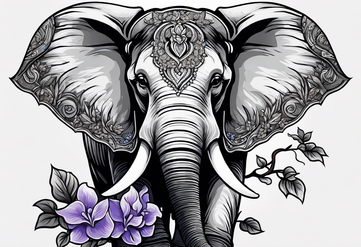 Seated elephant with raised trunk holding lilacs tattoo idea