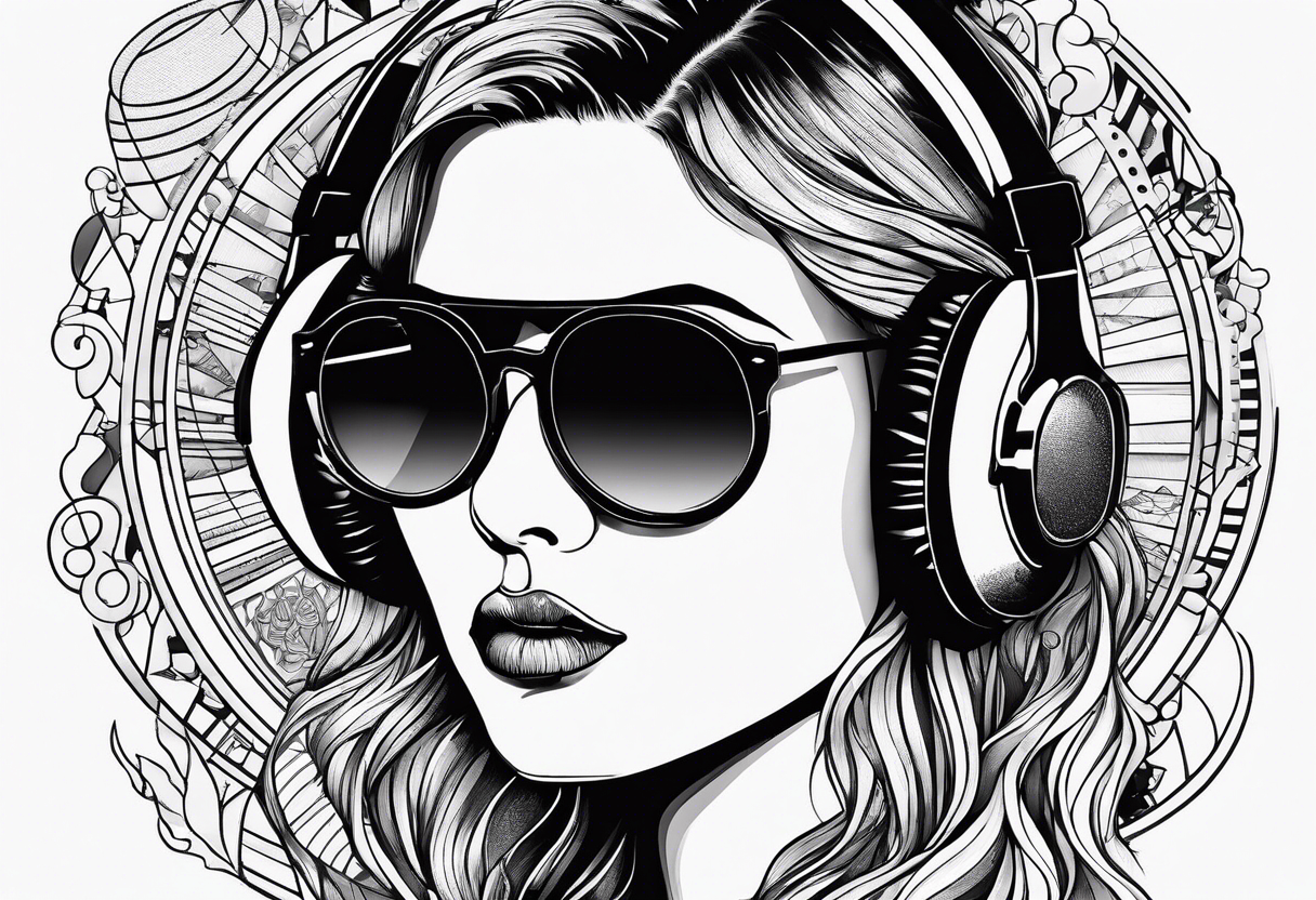 Outline sketch or me with round sunglasses and listening to a tape cassette tattoo idea
