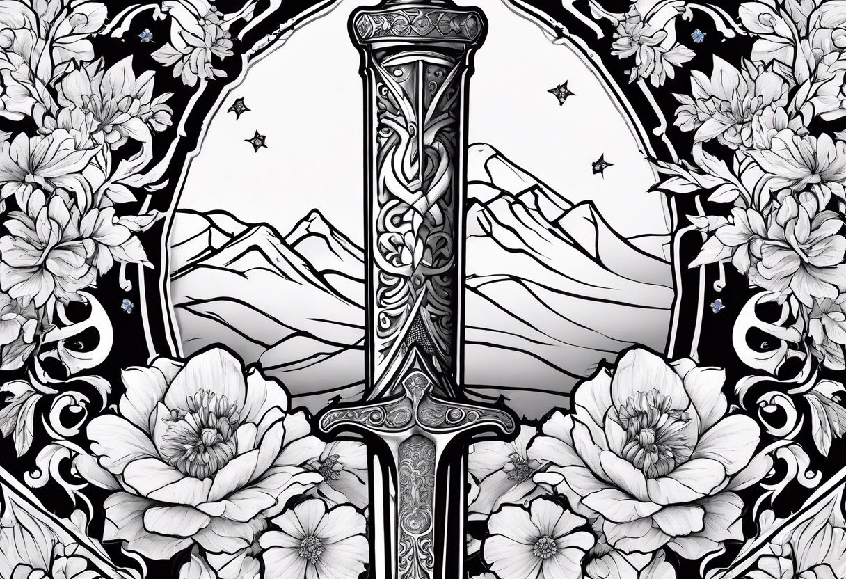 Sword with January, May and June birth flowers wrapped around it. Flowers need to be wrapped around the sword tattoo idea