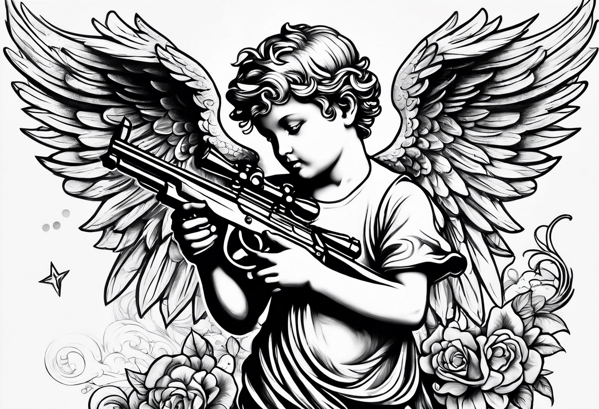 Cherub angel with a gun in the sky tattoo idea