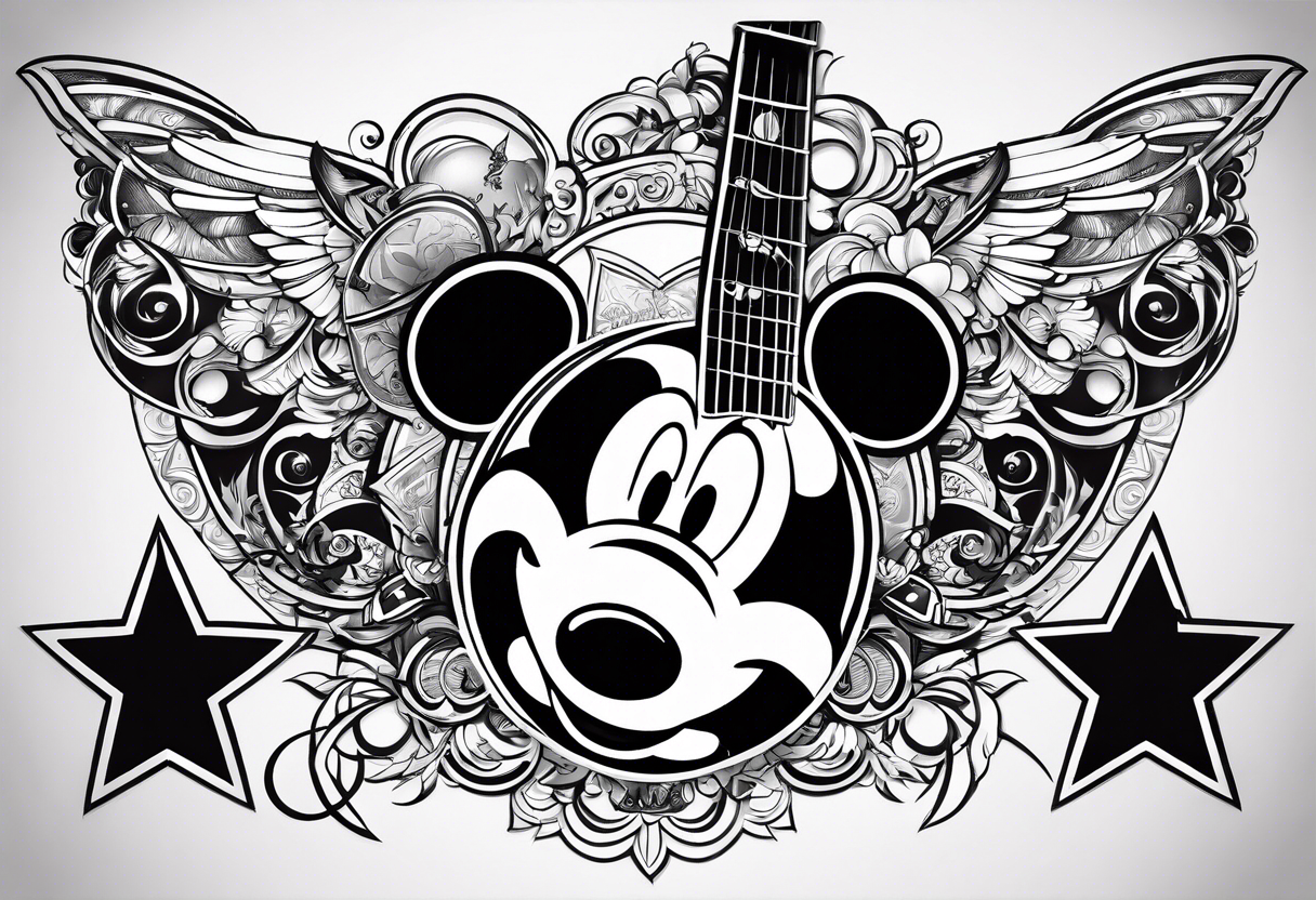 A well balanced tattoo full left arm with the following images:
2 stars, 
1 quarter moon, 
a bass guitar, 
a caduceus symbol and 
a mickey mouse shadow tattoo idea