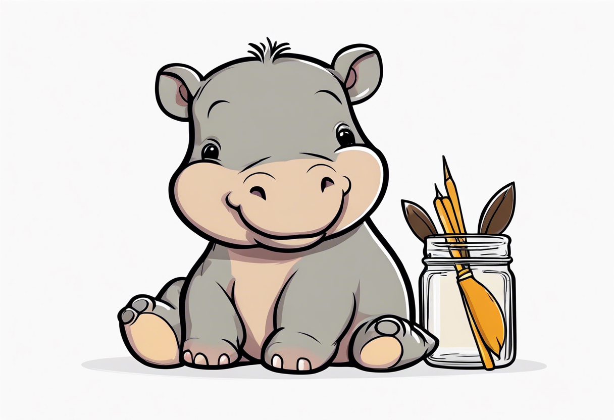 Baby hippo wearing overalls and holding a stuffed moose tattoo idea