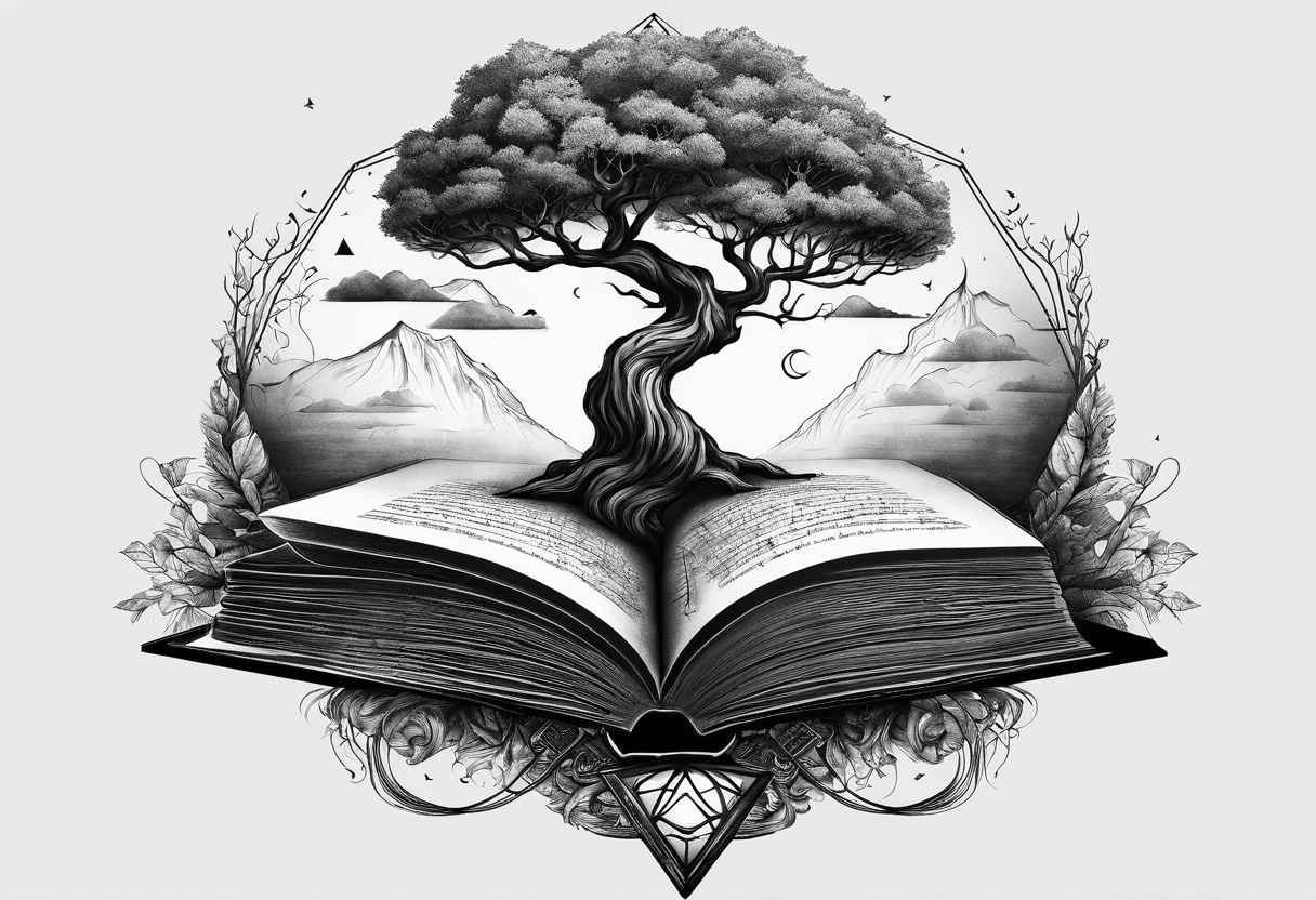 tree growing from book with branches containing triangle portals to another worlds tattoo idea