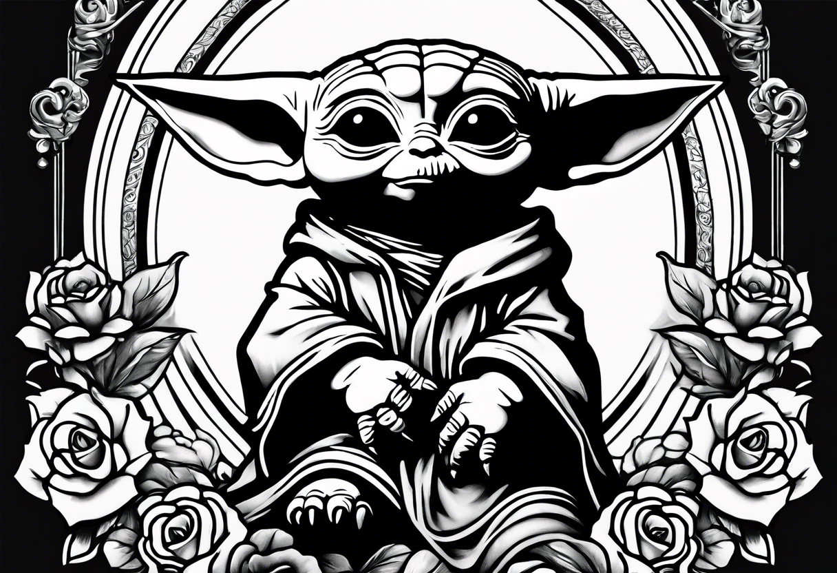 baby yoda sitting on a unicorn tattoo idea