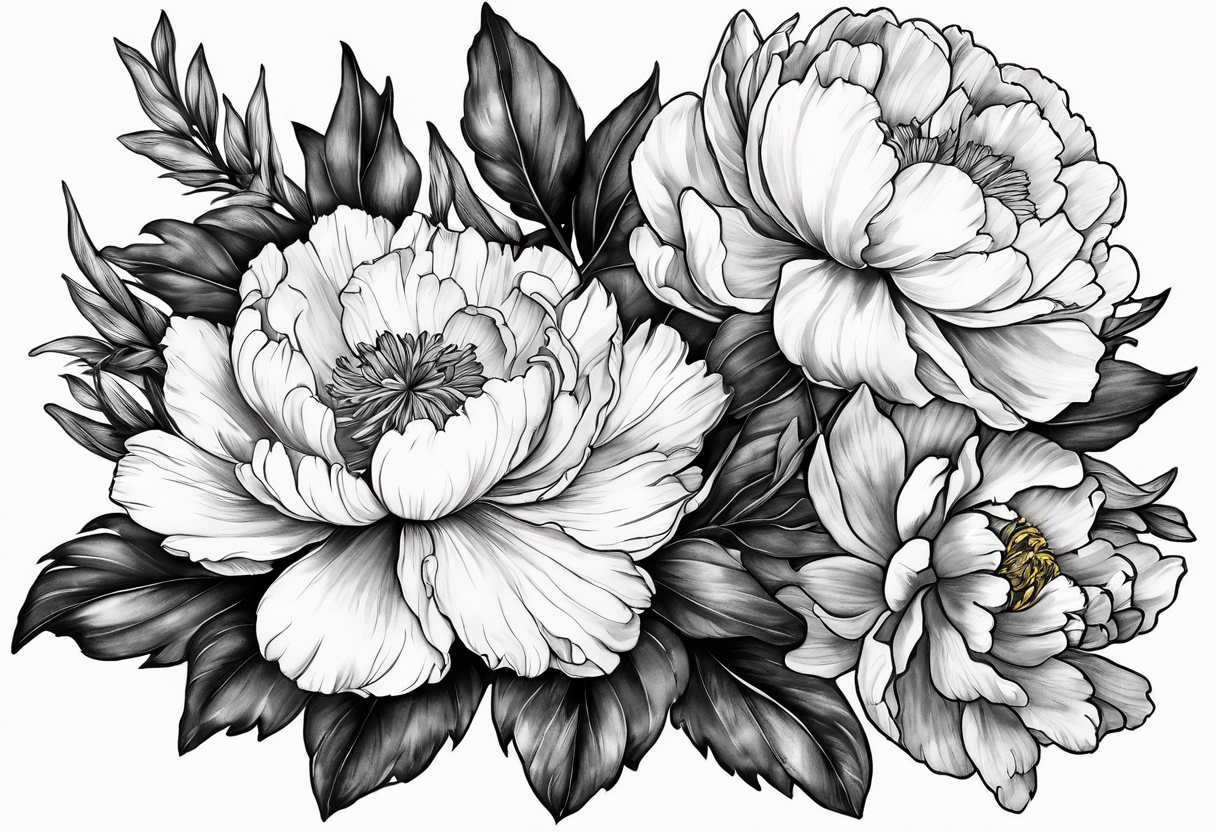 marigold, peony, and narcissus laying side by side tattoo idea