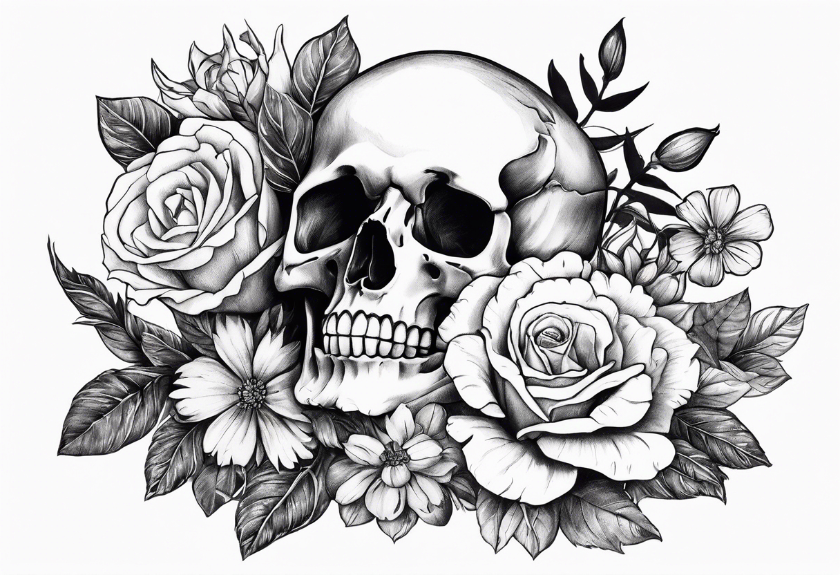 Skeleton hand holding bouqet of flowers tattoo idea