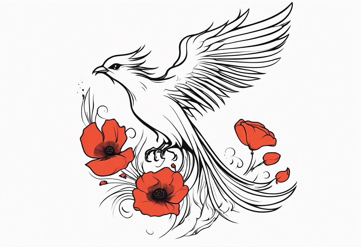 outline of phoenix in flight 
in profile long tail with claws holding poppies falling tattoo idea